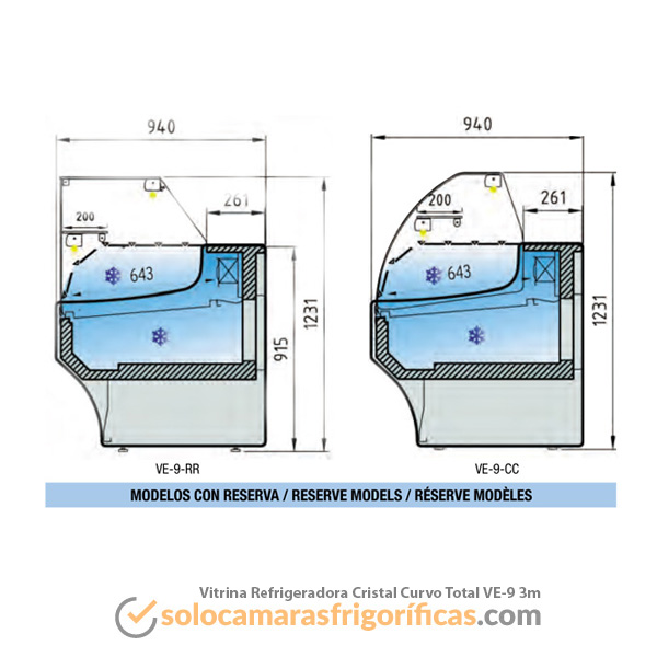 Dibujo Técnico Vitrina Expositora Refrigerada Cristal Curvo Total VE-9 3m